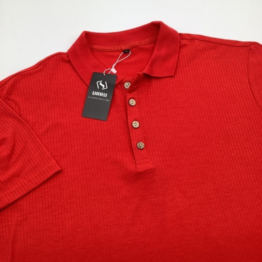 URRU Mens Ribbed Textured Short Sleeve Polo Red‎ Size Large